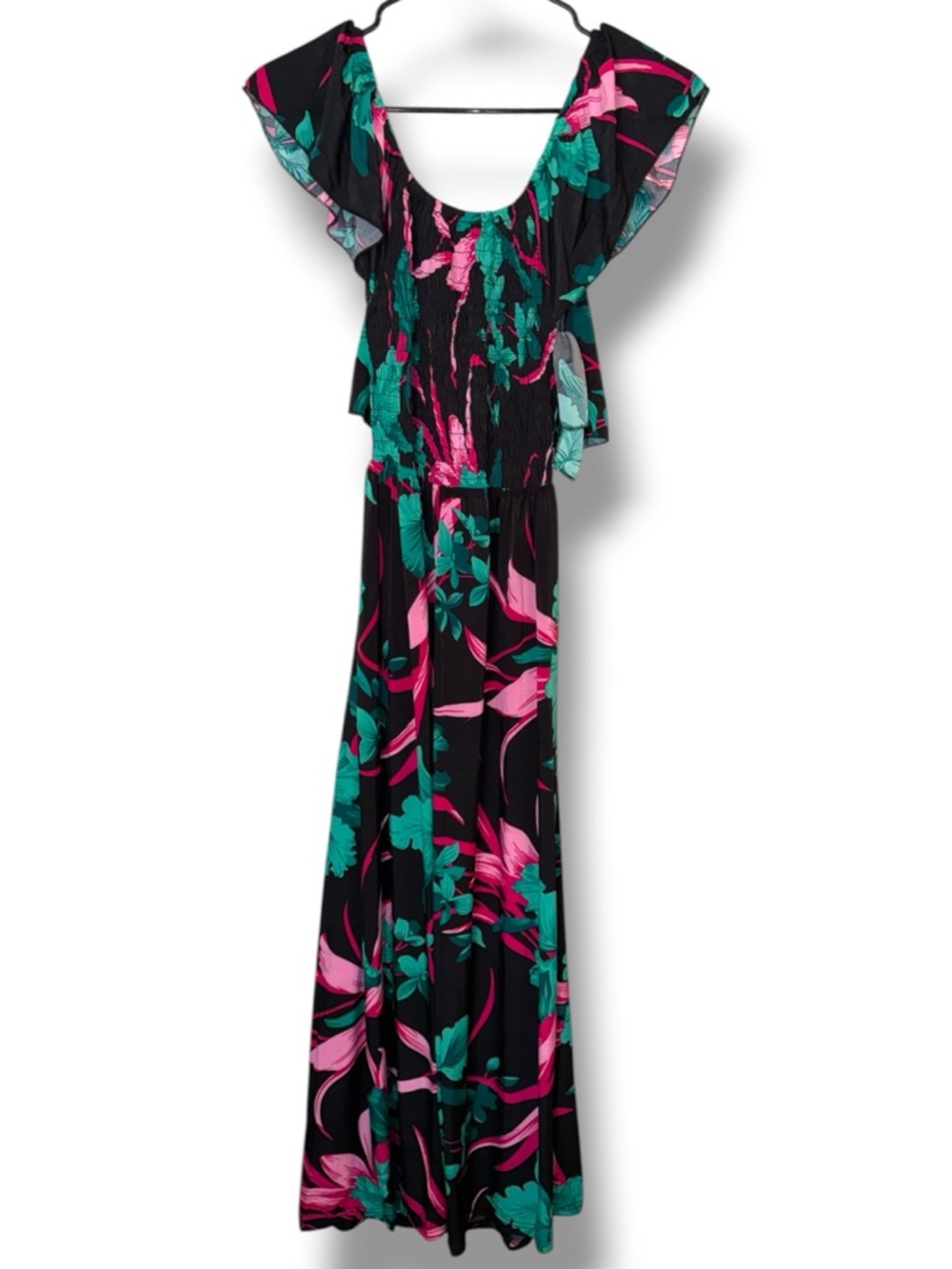 NWOT-WUHOU Black Floral Open Tie Back Smocked Flutter Sleeve Maxi Dress